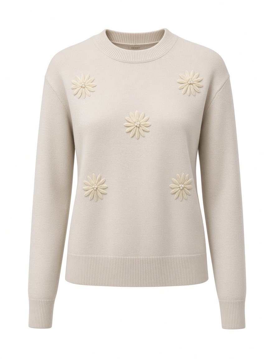 Dámsky pulóver s výšivkou kvietkov s perličkami COZY BEIGE MELANGE Béžová s.WEAR 3
